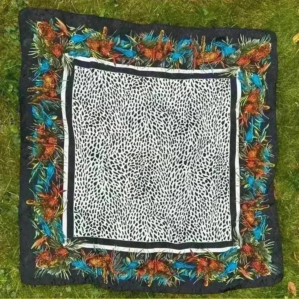 Animal Print Square 35” Scarf Neckerchief Wrap Leopards Parrots Satin